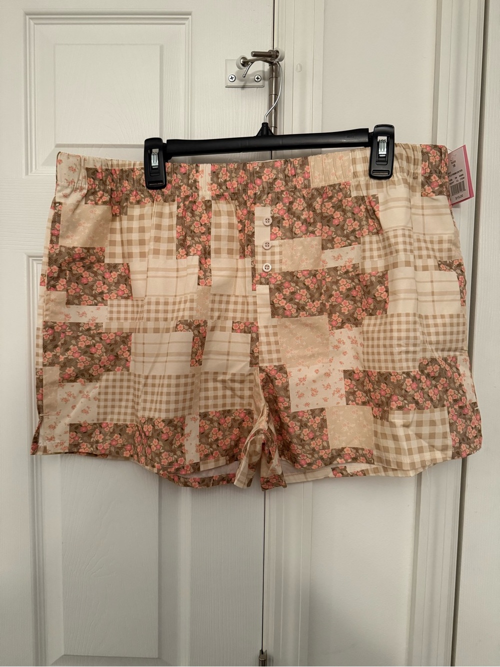 Zoe + Liv Beige Patchwork Floral Lounge Shorts with Pink Accents
